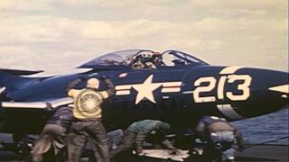 US Navy jet fighter aircraft F2H Banshee and F9F Panther on flight deck of USS PhHD Stock Footage [upl. by Nido83]