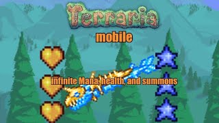 HOW TO GET INFINITE HEALTH MANA AND SUMMONS CHARACTERS ON TERRARIA MOBILE 13 [upl. by Lahpos]