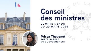 Compte rendu du Conseil des ministres du 20 mars 2024 [upl. by Morentz]