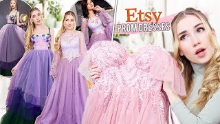 TRYING ON ETSY PROM DRESSES   most beautiful dresses ever [upl. by Omora]