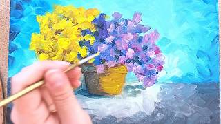 Pictura in acrilice cu flori mov si galbene  How to paint in Acrylics on Canvas a flower vase [upl. by Sigrid404]