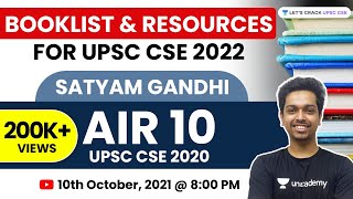 Complete Booklist amp Resources for UPSC CSE  Prelims amp Mains UPSC CSE 2022  Satyam Gandhi AIR 10 [upl. by Eniagrom884]