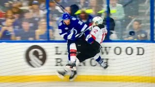 JT Miller brings the pain vs Ben Lovejoy NJ Devils at TB Lightning Game 2  2018 NHL Playoffs [upl. by Shaughn]