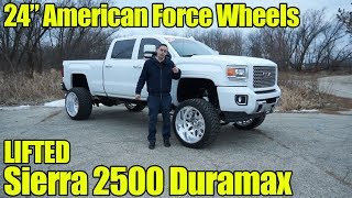 LIFTED GMC Sierra 2500 Denali Duramax with 24 inch American Force Wheels [upl. by Ruscio]