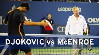 Novak Djokovic challenges John McEnroe to a match  US Open 2009 [upl. by Ardnassak]