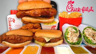 How to Eat CHICKFILA MUKBANG Chicken Sandwiches Mac and CheeseTenders Chicken Wrap Fries [upl. by Meelas849]