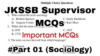 JKSSB Supervisor MCQs 2024 Sociology Important MCQs [upl. by Aleirbag]