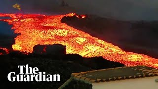 Fastflowing river of lava pours from La Palma volcano in Canary Islands [upl. by Ydnes]