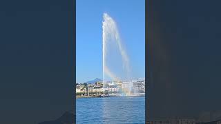 Water jet Jet dEau with its own Rainbow jet height 460 ft Geneva Lake Switzerland Svizra [upl. by Aiza]