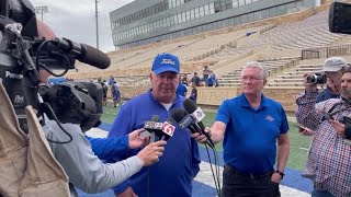 Tulsa football coach Kevin Wilson on spring practice transfer portal [upl. by Sucramad]