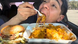 Giveaway time  Pastrami Burger  ￼Chile Cheese Fries Mukbang [upl. by Amalle]