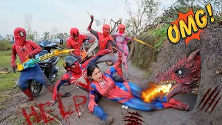 The brave SpiderMan superhero team uses a chainsaw to confront the ferocious fire dragon [upl. by Liahkim]