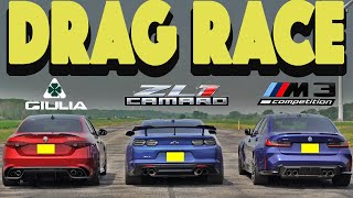 2023 BMW M3 Competition vs Alfa Romeo Giulia Quadrifoglio vs Chevy Camaro ZL Drag and Roll Race [upl. by Moffat]