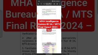 MHA Intelligence Bureau IB SA  MTS Final Result 2024 – Out admitcard result [upl. by Yemac]