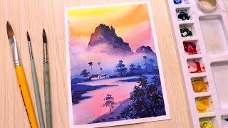 Watercolor painting for beginners mountain landscape easy [upl. by Enyale]