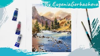 Watercolor Painting Time Lapse  Landscape Mountains  Акварельная картина [upl. by Anillehs]